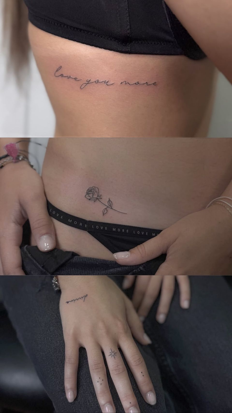 Tres tatuajes de línea fina: la frase «love you more» en el costado, una rosa en la cadera y la palabra «divine» con una estrella y puntos en la mano